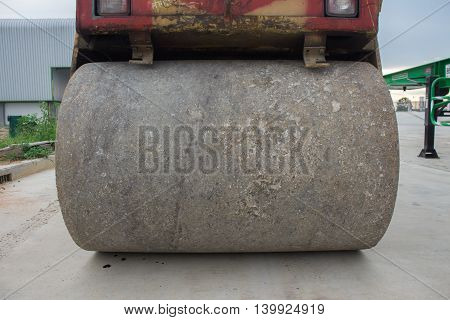 Detail of steamroller during road construction. Asphalt pavement works
