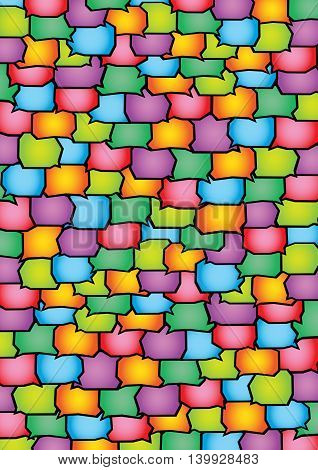 Abstract vector background design with blank speech balloons pattern in multiple vibrant colors.