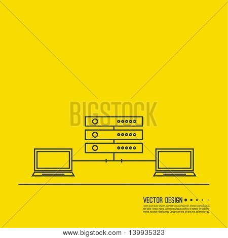 Abstract background with a network server. Storage of digital information. The database is on a remote computer. Laptops connected in network lan.