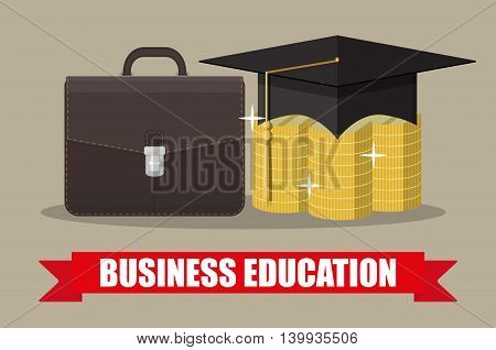 business briefcase, graduation cap, gold coins stacks. business graduation concept. vector illustration in flat style on brown background