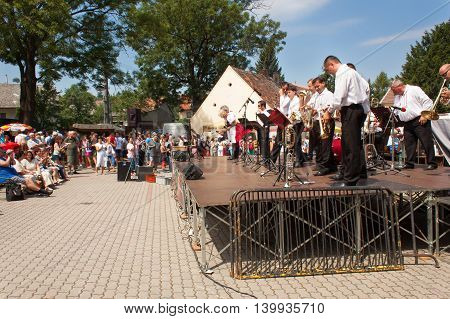 Buchlovice, Czech Republic, July 23, 2016: Celebration of garlic. Traditional farmers harvest celebrations of garlic. Agricultural sales markets. Sales of garlic, performances by folk ensembles.