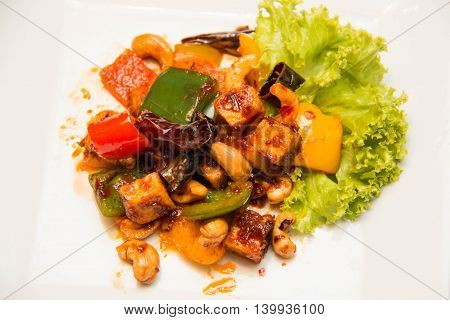 Thai Stir Fry spices Tofu with Cashew Nuts and pepper