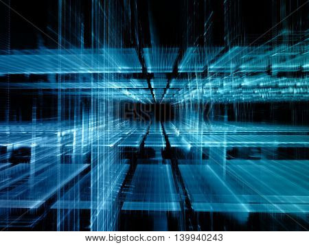 Abstract background element. Fractal graphics series. Three-dimensional composition of glowing artifacts. Information glitch concept. Blue and black colors.