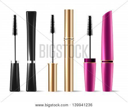 Vector mascara brush makeup packaging isolated on white background