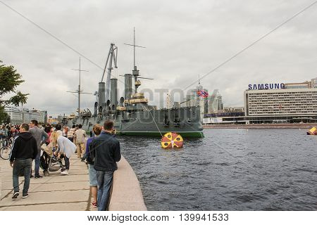 St. Petersburg, Russia - 16 July, Cruiser "Aurora" in Petrograd embankment, 16 July, 2016.
Statement of the legendary cruiser "Aurora" on eternal parking place after repair.