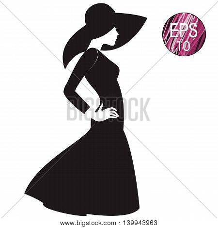 vector woman's silhouette in black hat and black dress
