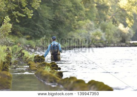 Flyfisherman fishing in mountain river