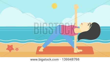 An asian young woman standing in yoga triangle position. Woman meditating in yoga triangle position on the beach. Woman doing yoga on nature. Vector flat design illustration. Horizontal layout