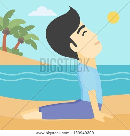 An asian young man practicing yoga upward dog pose. Man meditating in yoga upward dog position on the beach. Man doing yoga on nature. Vector flat design illustration. Square layout.