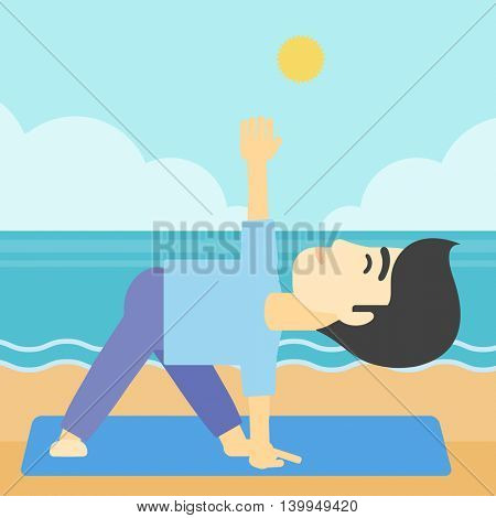 An asian young man standing in yoga triangle pose. Man meditating in yoga triangle position on the beach. Man doing yoga on nature. Vector flat design illustration. Square layout.