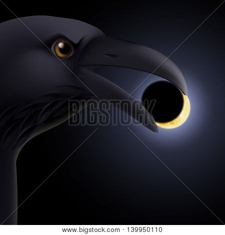Black crow holding in its beak a darkened moon