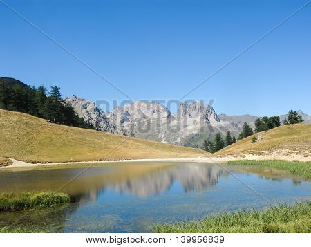 mountain lake and high peaks during the summer