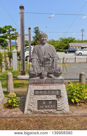 AKO JAPAN - JULY 18 2016: Statue of Horibe Akizane one of famous 47 ronins in the Oishi Shinto Shrine. Shrine is dedicated to 47 loyal samurais and is located on the grounds of Ako Castle