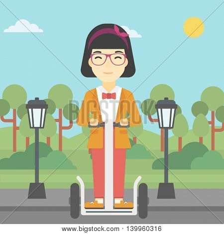 An asian young woman driving electric scooter. Woman on self-balancing electric scooter with two wheels. Woman on electric scooter in the park. Vector flat design illustration. Square layout.
