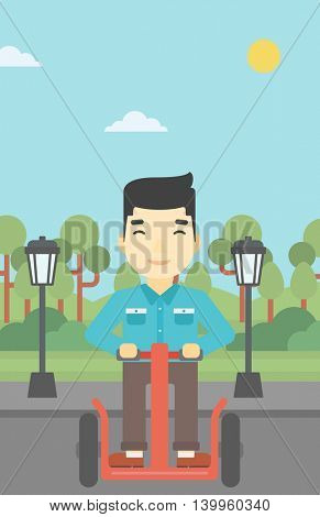 An asian young man driving electric scooter. Man on self-balancing electric scooter with two wheels. Man on electric scooter in the park. Vector flat design illustration. Vertical layout.