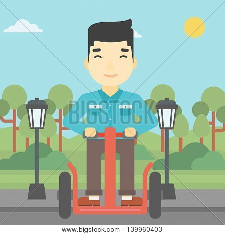 An asian young man driving electric scooter. Man on self-balancing electric scooter with two wheels. Man on electric scooter in the park. Vector flat design illustration. Square layout.