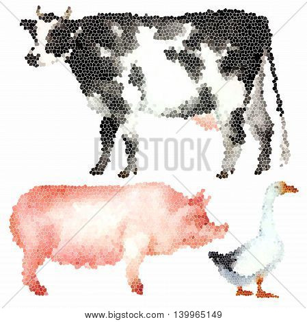 Set of colourful mosaic farm animals hand-drawn