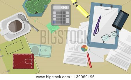 Workplace Documents , notebooks , pens, pencils , calculator , phone , glasses , papers , wallet and money, vector