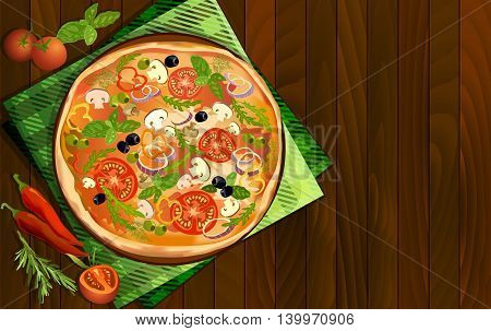 Pizza with mushroom and tomato chilli herbs on board on napkin on wooden background. Illustration for pizza menu or pizzeria interior design. Text place. Vector illustration stock vector.