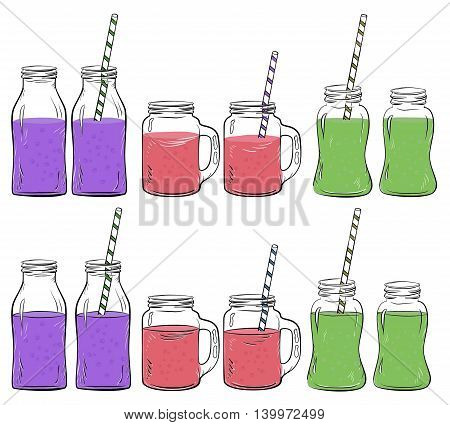 Glass bottles sketches set for smoothie, Yogurt and fresh juse, for detox cocktails. Whith straw. Vector sketch illustration