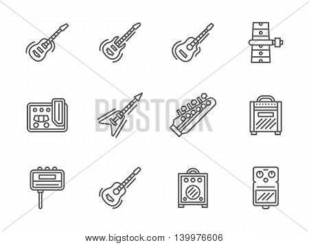 Electric and acoustic guitars and music equipment. Stringed musical instruments. Symbols for band, concert services, musical store. Set of simple black line style vector icons on white.