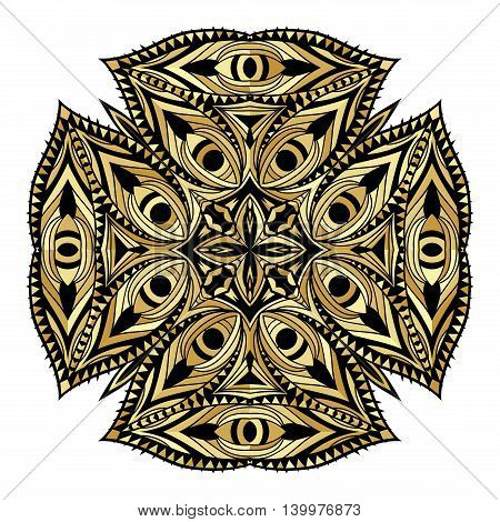 Golden orient style element. Gold gamut decorative icon. Ornate medallion ethnic pattern. Tribal ornament for tattoo or beauty salon concept. Vector illustration.