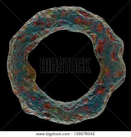 3D render bacteria virus in random color isolated on black background. 3d render microbe. Human immune system virus on black background. Microbe on the black screen. Bacteria virus or germs microorganism cells under microscope. High Quality 3D Render