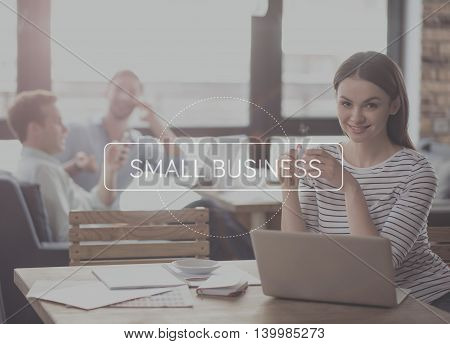 Ambitious lady. Inspirational typographic postr for small business with young positive businesswoman drinking coffee, smiling at a camera and using laptop in a background