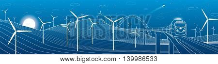 Train move, mountains landscape, windmills, wind force, energy and transportation illustration, vector design art
