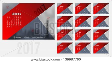 Vector of Calendar 2017 year 12 month calendar with modern red and blue triangle style week start at SundayT emplate for place your photo.