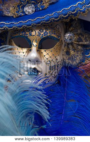 VENICE ITALY - JANUARY 24 2016: Typical colorful mask from the venice carnival Venice Italy 2016.