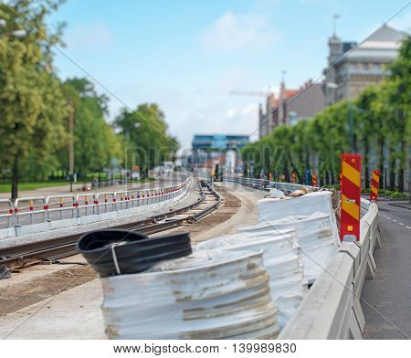 Construction site of tram railways in the city.