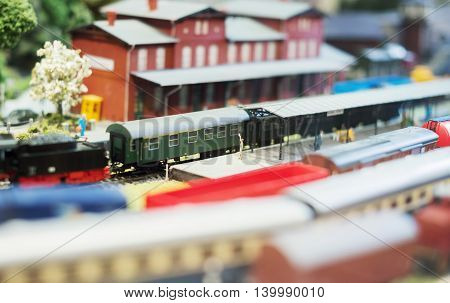 City In Miniature. Model Of Train On Railstation.