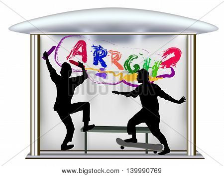 Silhouettes of city taggers vandalizing post spraying wall  and riding skateboard. Two boys at the bus stop with bench, skateboard and sprays