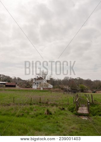 White Farm House Cottage Mansion Far Off Field Trail Bridge Country Environment Nature