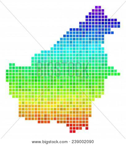 Pixel Borneo Island Map. Vector Geographic Scheme Using Impressive Spectral Color Variations With Ve