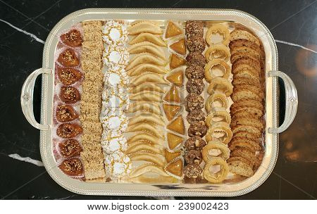 Traditional Moroccan Festive Cookies On Silver Tray, View From Above. Ramadan Cookies Ready For Eati
