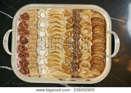 Traditional Moroccan Festive Cookies On Silver Tray, View From Above. Ramadan Cookies Ready For Eati