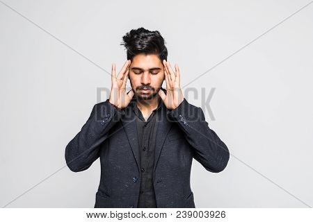 Stressed Businessman With Hands On Head, Facing Setback, Isolated On White Studio Background