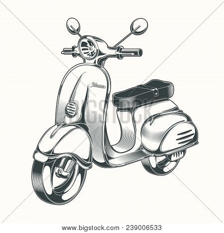 Black And White Illustration In The Style Of Engraving - Scooter, Moped Drawn In Ink