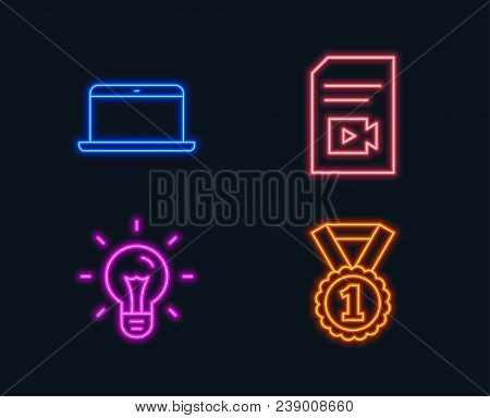 Neon Lights. Set Of Idea, Laptop And Video File Icons. Best Rank Sign. Light Bulb, Mobile Computer, 