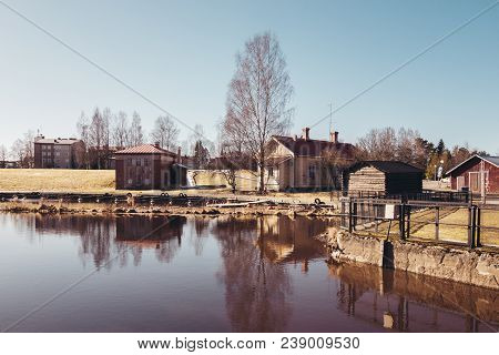 Finland Forssa, Loimijoki River At Kuhalankoski, A Small Boats Marina At Summer And With A Dam On It