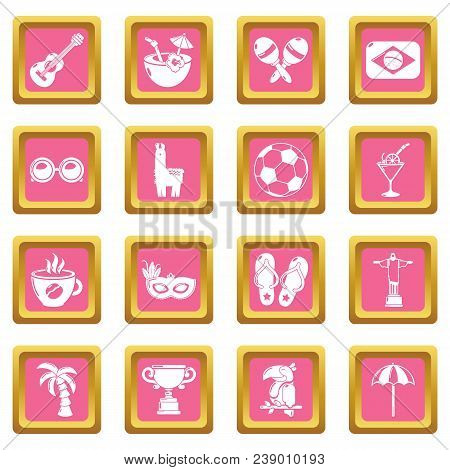 Travel Brazil Icons Set Vector Pink Square Isolated On White Background