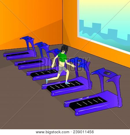 The Girl Is In The Gym And Runs Along The Treadmill.