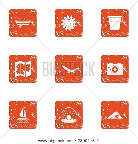 Cruise Beach Icons Set. Grunge Set Of 9 Cruise Beache Vector Icons For Web Isolated On White Backgro