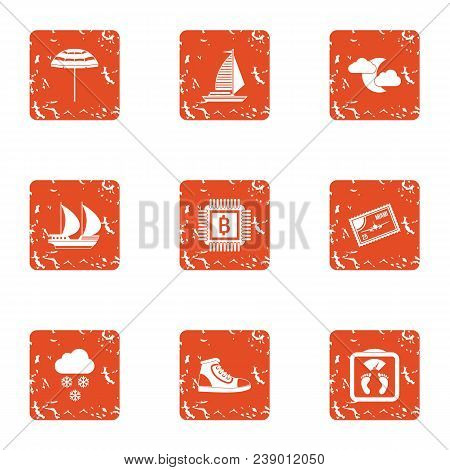 Expedition Icons Set. Grunge Set Of 9 Expedition Vector Icons For Web Isolated On White Background