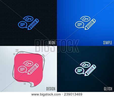 Glitch, Neon Effect. Keywords Line Icon. Pencil With Key Symbol. Marketing Strategy Sign. Trendy Fla
