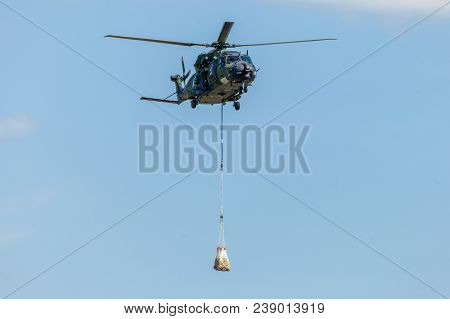Berlin / Germany - June 28, 2018:  German Military Transport Helicopter, Nh 90 Flies On Airfield In 