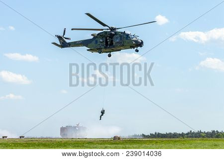 Berlin / Germany - June 28, 2018:  German Military Transport Helicopter, Nh 90 Flies On Airfield In 