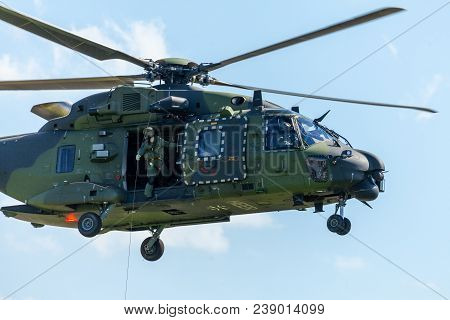 Berlin / Germany - June 28, 2018:  German Military Transport Helicopter, Nh 90 Flies On Airfield In 